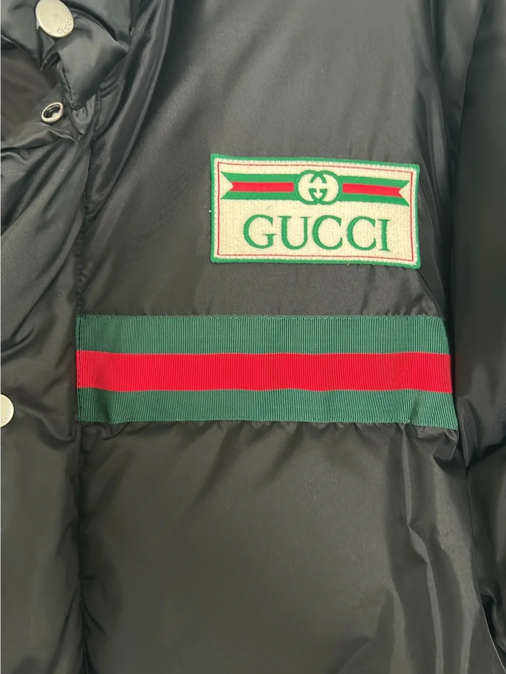 Gucci Black Puffer Jacket with Green and Red Web Stripe
